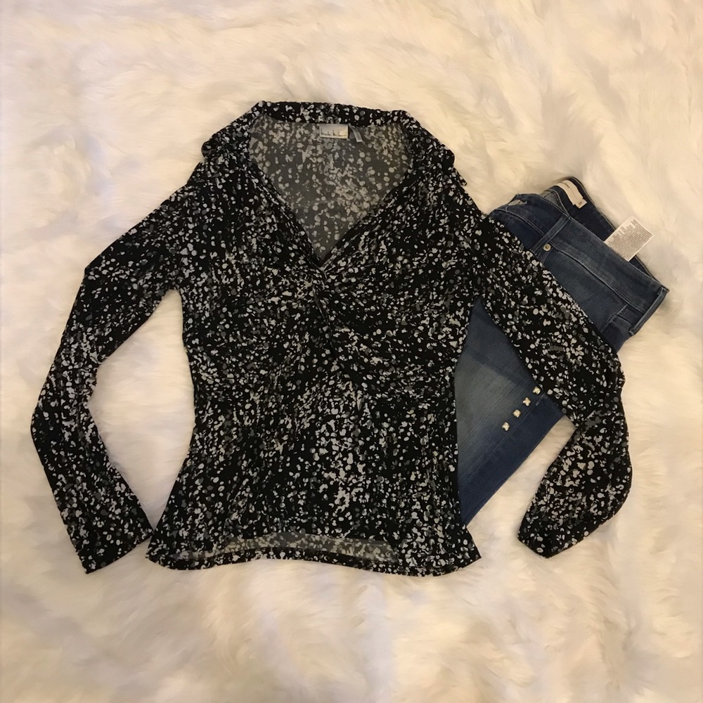 Nicole Miller | Printed Collared V-Neck Blouse